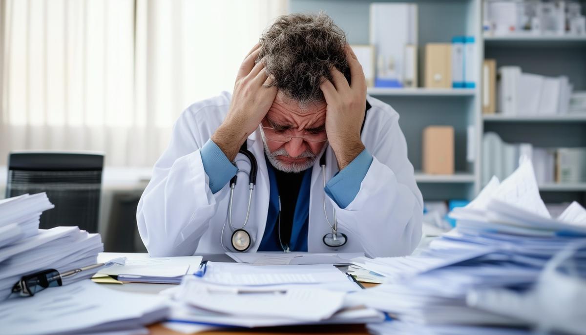 A photo of a doctor looking overwhelmed and stressed, with patient files scattered on a desk.