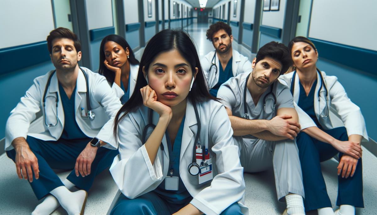 A group of exhausted doctors and nurses in a hospital hallway.