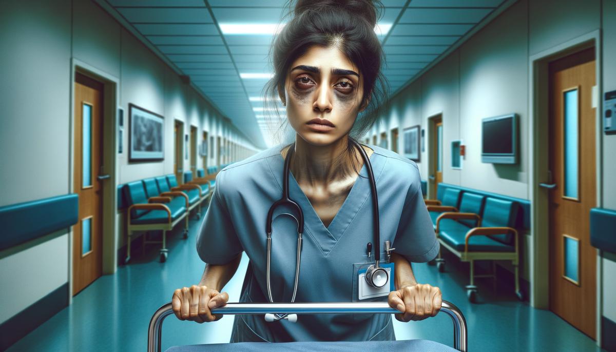 A photo of an exhausted nurse pushing a stretcher, representing the staffing crisis and overworked healthcare personnel.