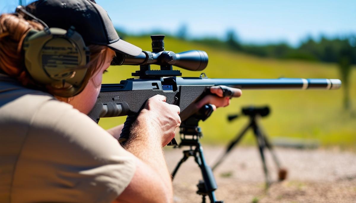 Person using a PCP air rifle at an outdoor shooting range