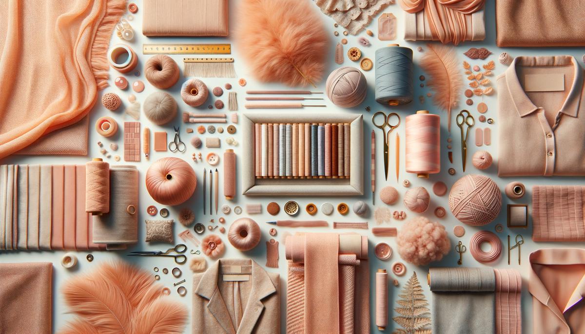 Eine Zusammenstellung von Modeartikeln und Textilien in der Farbe Peach Fuzz in verschiedenen Materialien wie Seide, Wolle und Leinen.