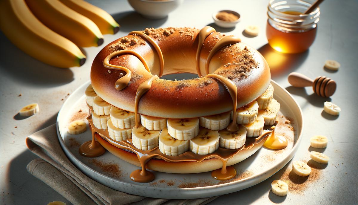 A delightful peanut butter banana bagel with sliced bananas, honey, and cinnamon on a white plate