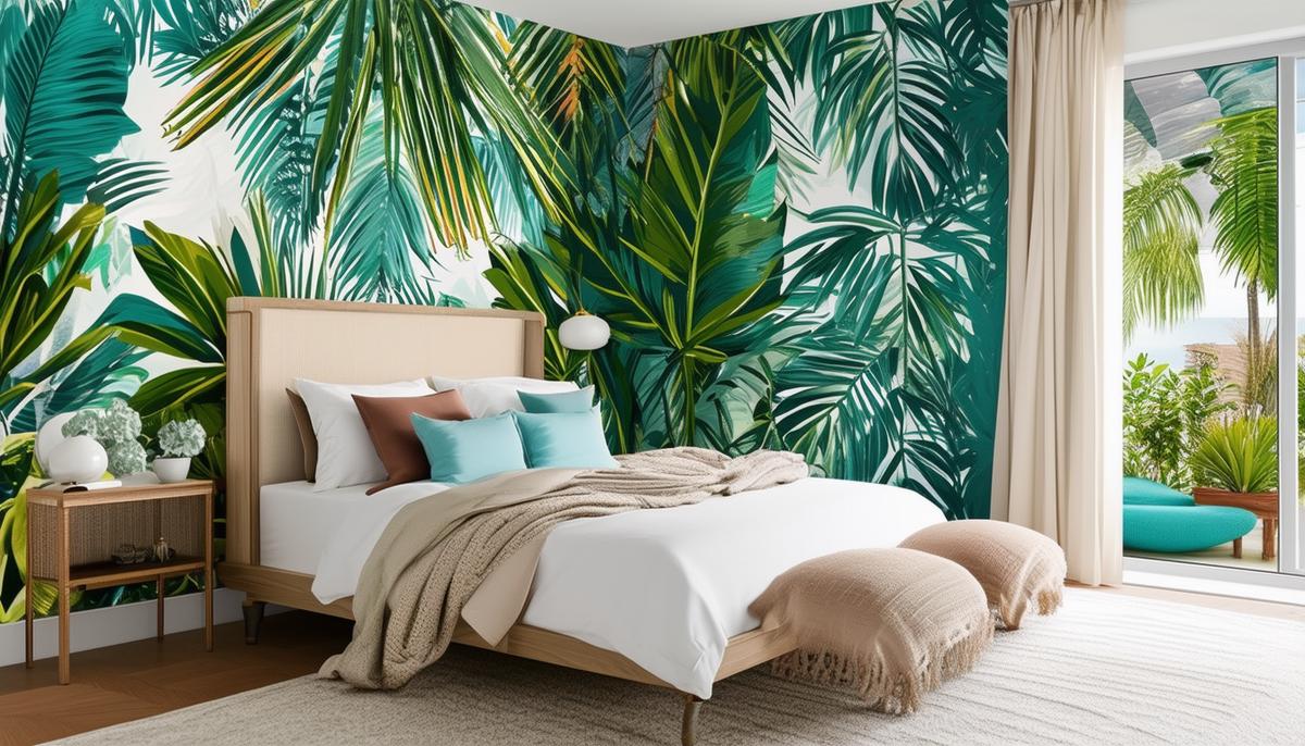 A stylish bedroom with an accent wall featuring bold, tropical-themed peel-and-stick wallpaper, showcasing how temporary wallpaper can instantly transform a space with its vibrant patterns and designs.