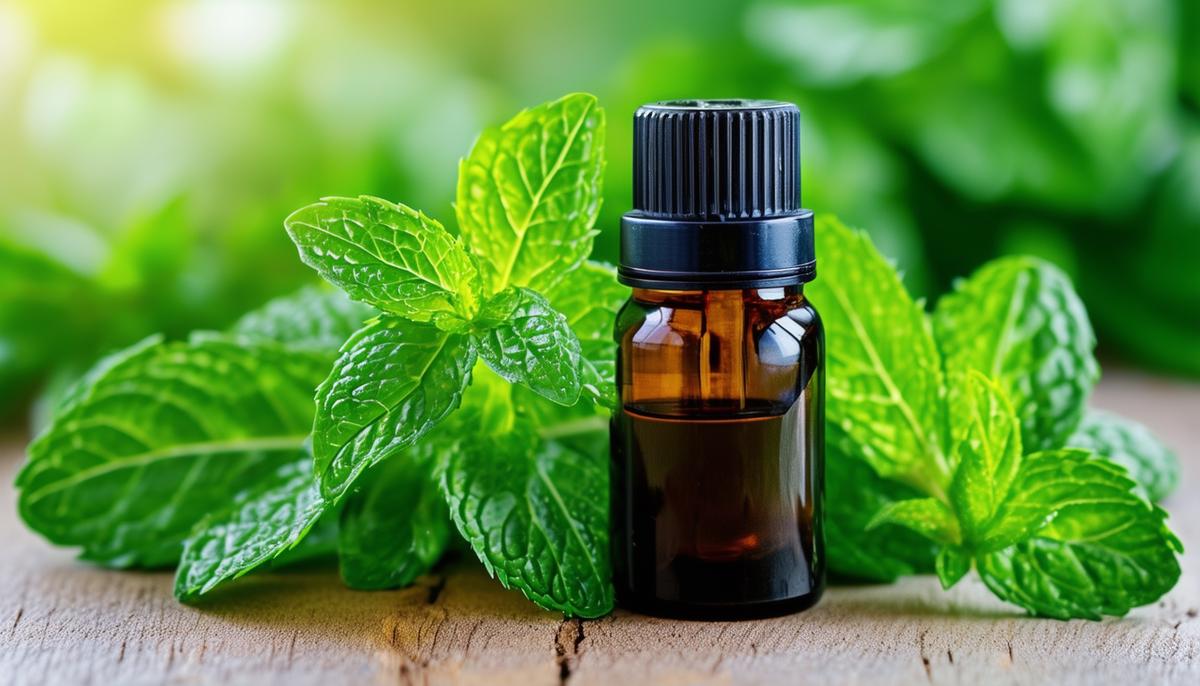 A bottle of peppermint essential oil next to fresh peppermint leaves