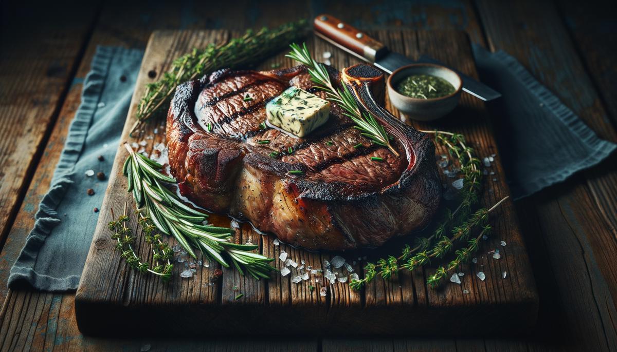 A juicy, perfectly grilled ribeye steak on a wooden cutting board, garnished with fresh herbs and a pat of herb butter.