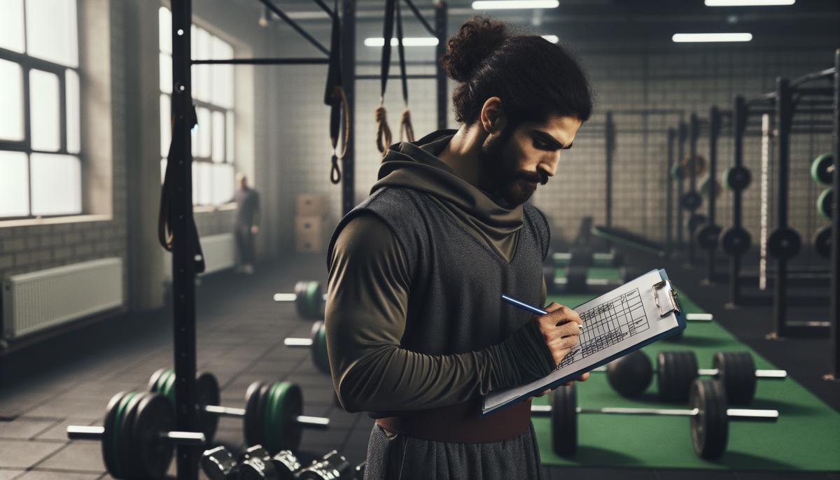 A person following a structured workout plan, checking off completed exercises on a clipboard