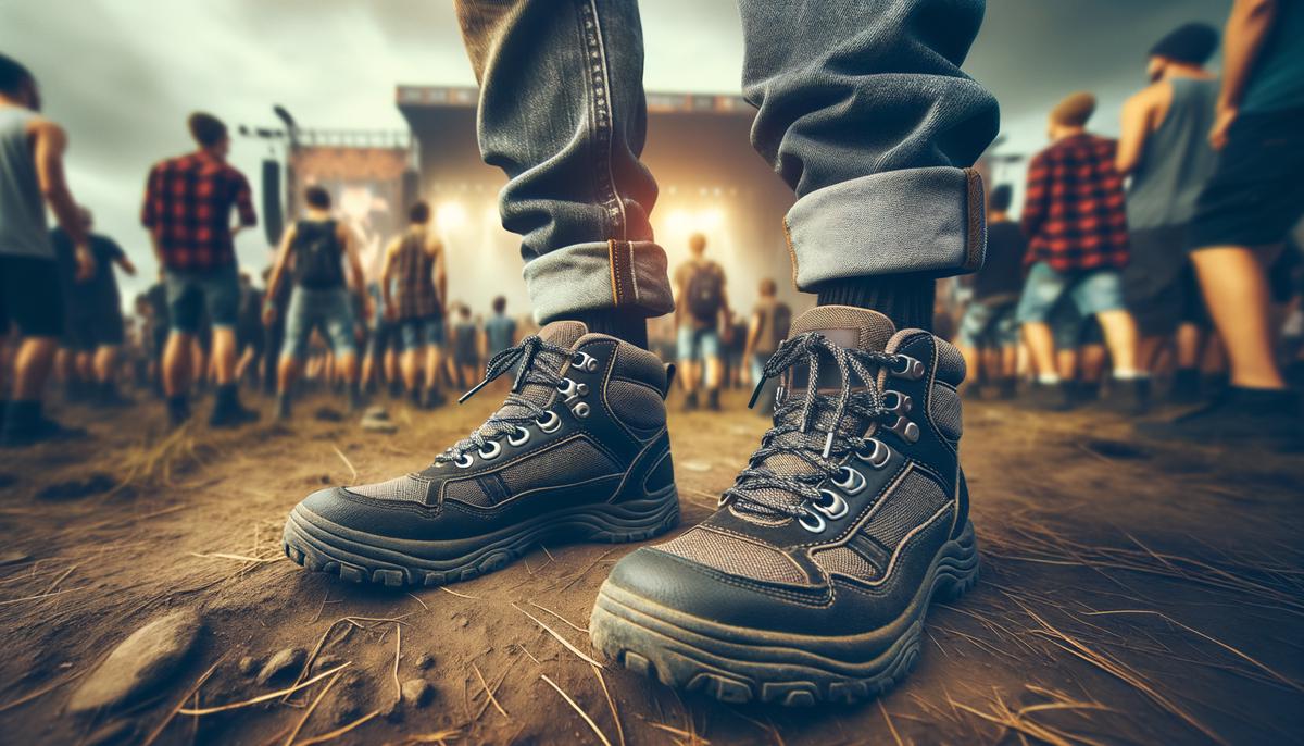 A person wearing comfortable and supportive shoes suitable for a music festival.