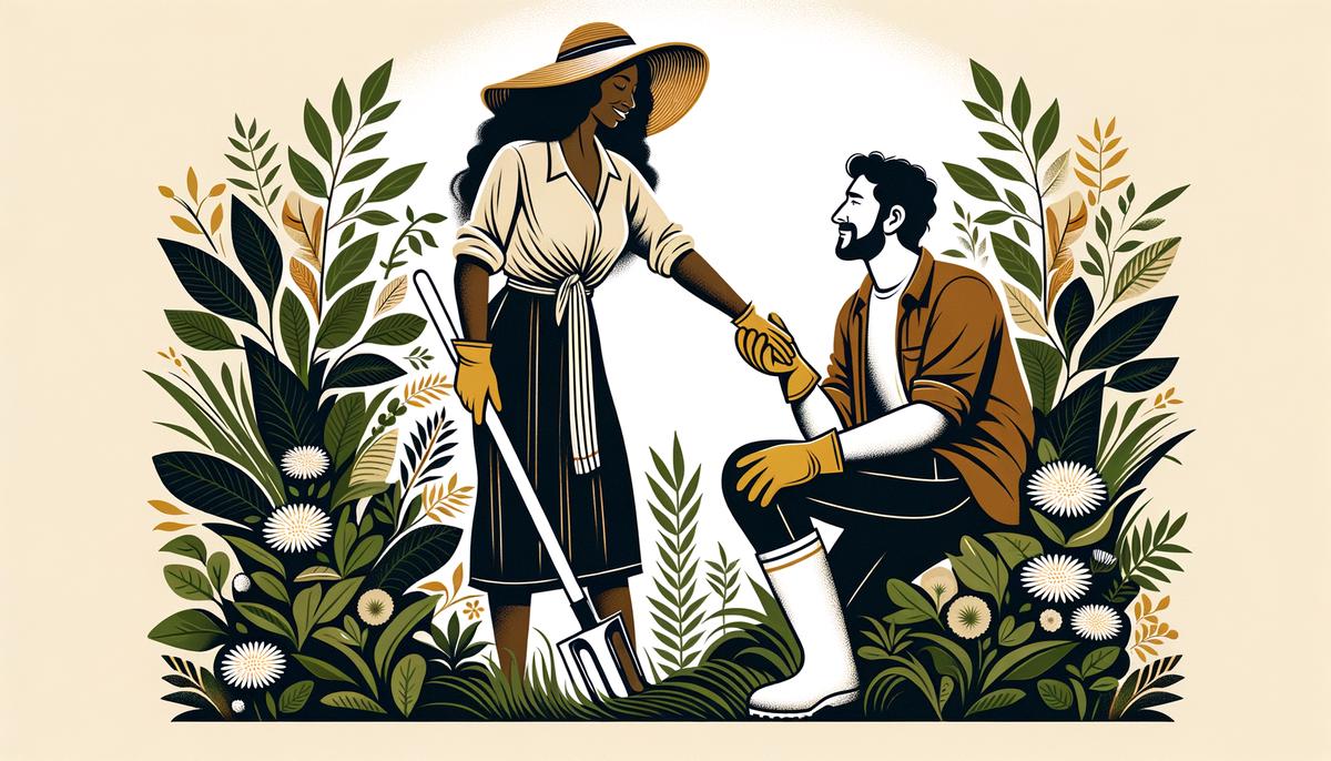 Image of someone helping a friend with gardening, demonstrating a personal act of service. Avoid using words, letters or labels in the image when possible.