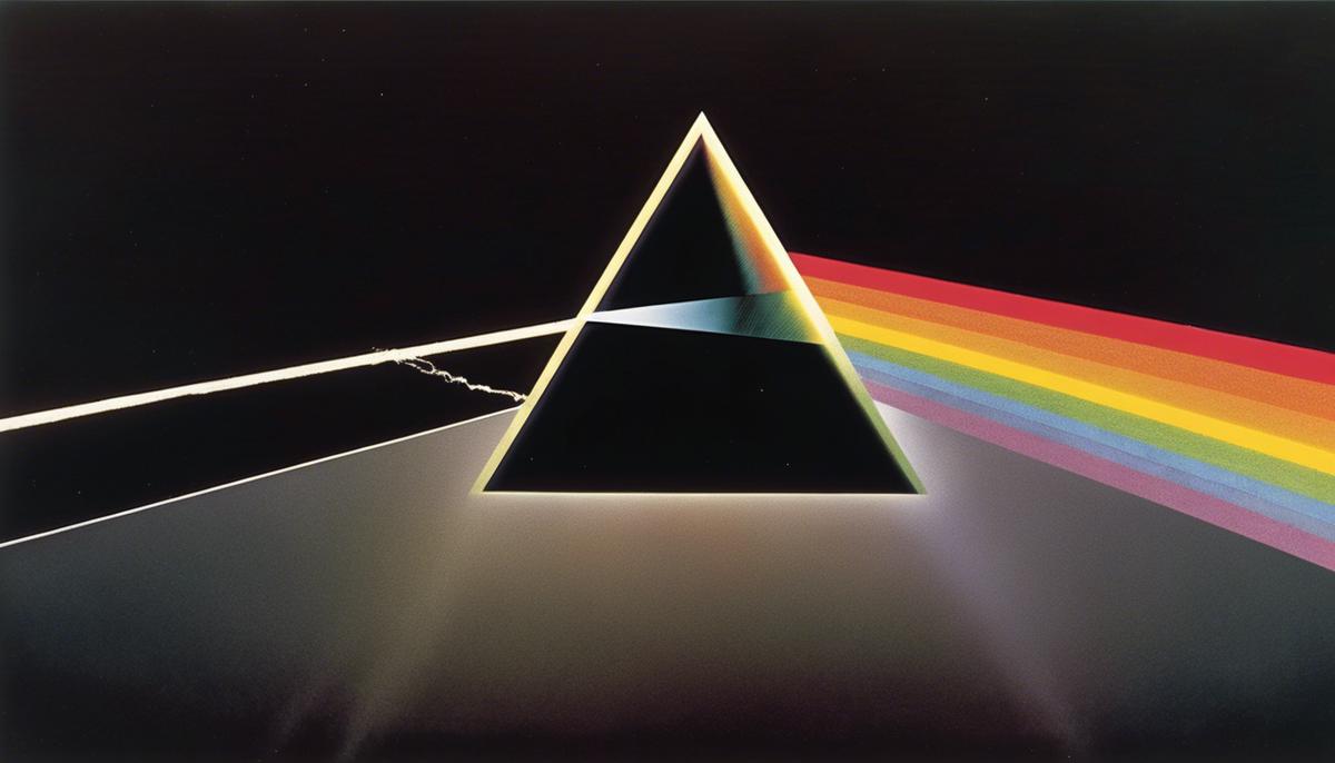 The iconic prism artwork from Pink Floyd's 'Dark Side of the Moon' album cover, featuring a beam of white light refracting through a prism and creating a spectrum of colors against a black background