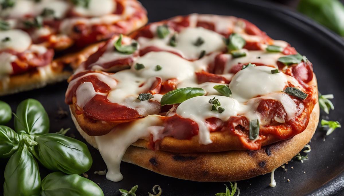 A delicious pizza bagel with marinara sauce, melted mozzarella cheese, pepperoni, and oregano on a black plate