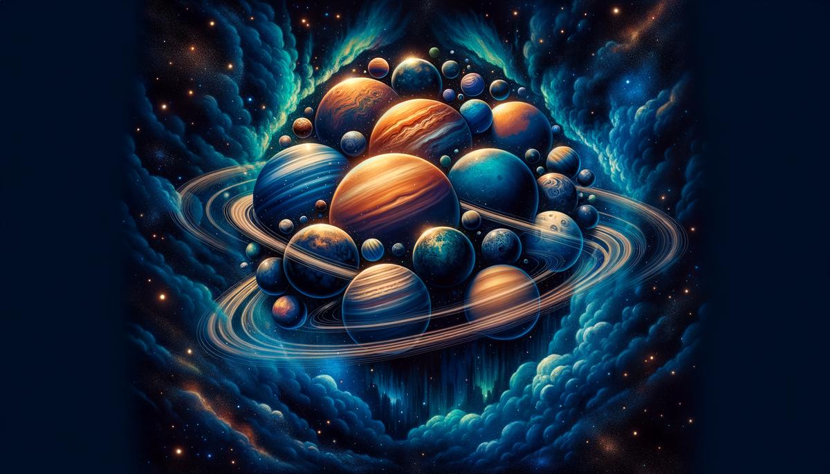 Illustration of planets in the sky forming a cluster, symbolizing the cosmic meeting and influence of planetary clusters