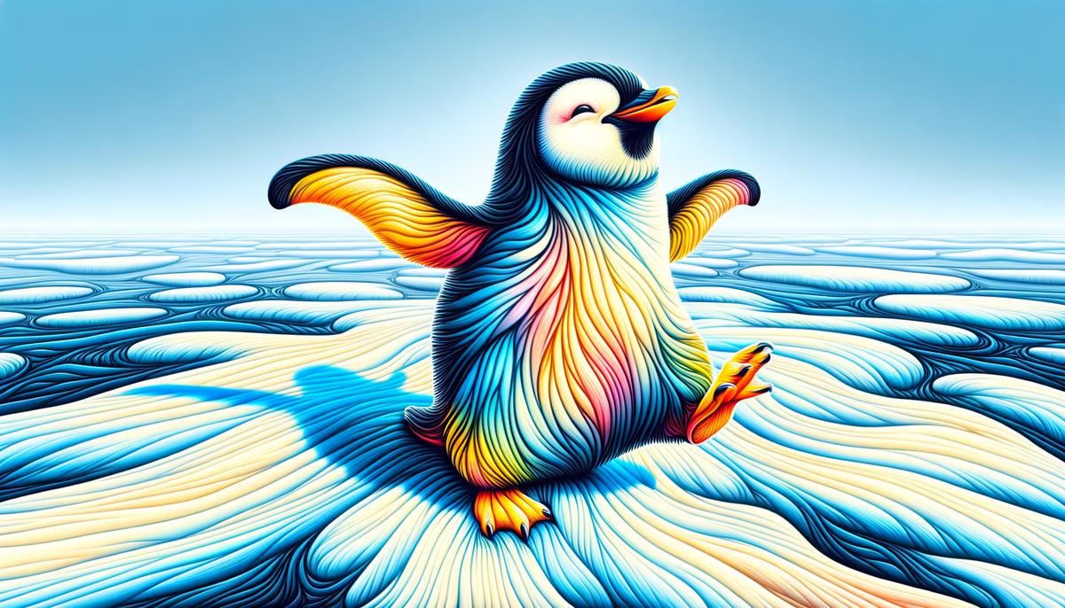 A whimsical and colorful portrayal of a penguin in a playful pose on ice