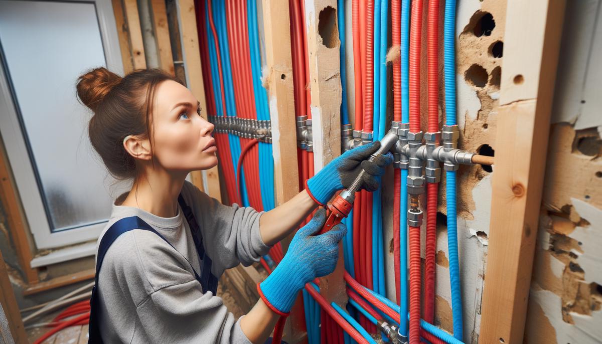 A plumber installing new flexible PEX water supply piping to replace old corroded pipes and improve water flow and pressure.