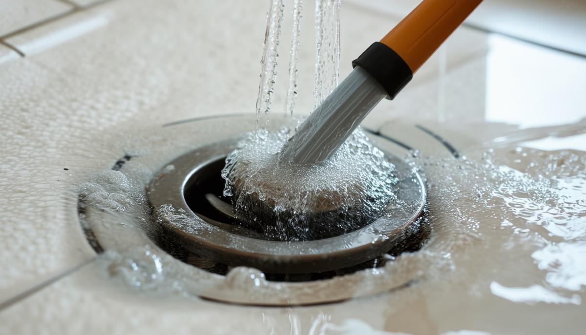 A plunger being used to forcefully plunge a clogged shower drain filled with standing water, creating suction to dislodge the blockage.