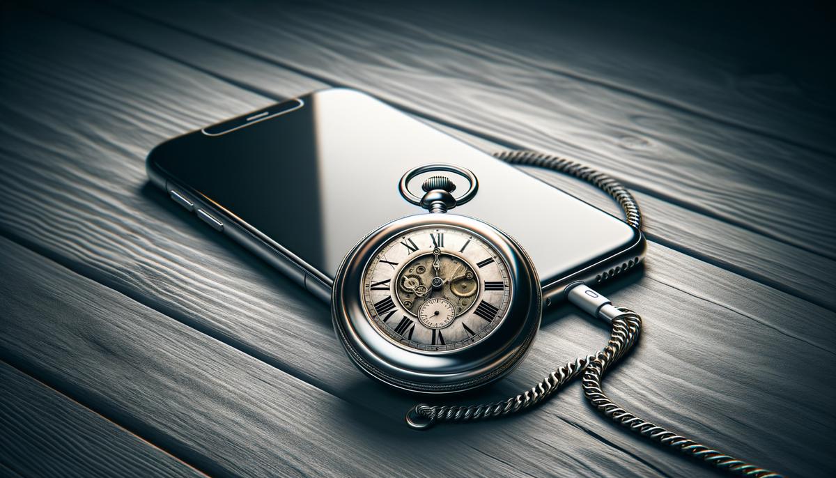 Illustration of a vintage pocket watch next to a modern smartphone to visually represent the decline of pocket watches with the rise of technology