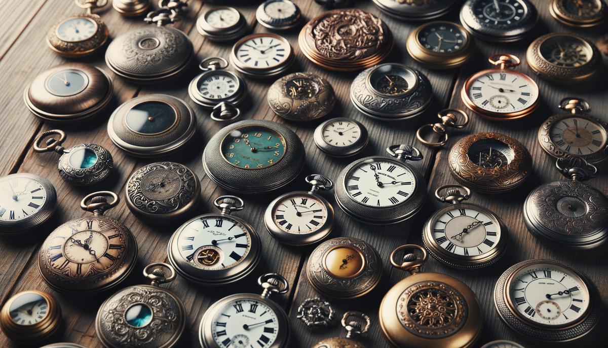 Collection of vintage pocket watches displayed on a tabletop