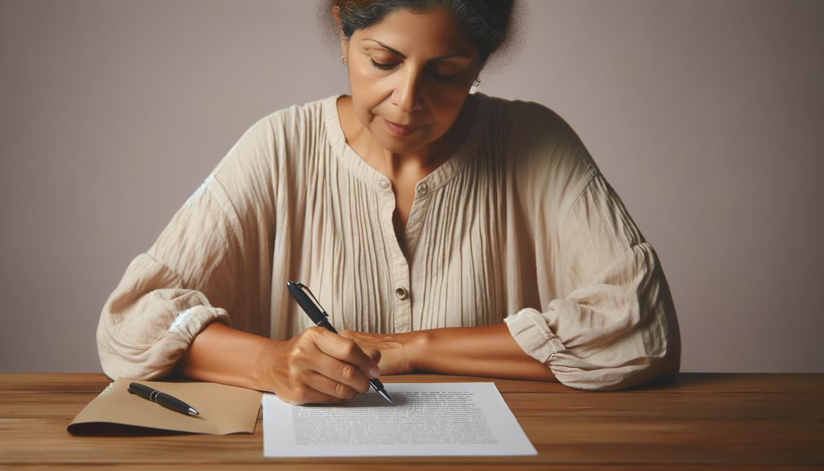 A person writing a heartfelt poem as an apology, with a pen in hand and a piece of paper on a table. Avoid using words, letters or labels in the image when possible.