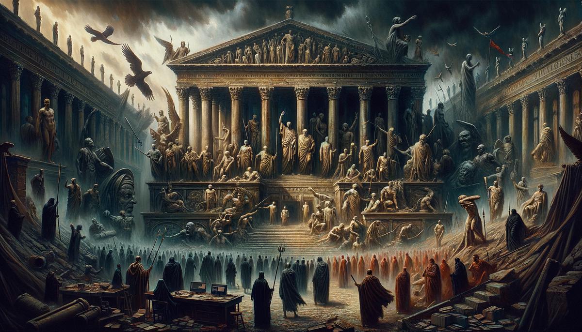 A digital painting depicting the political instability of the Roman Empire, with a revolving door of emperors, shadowy figures representing corruption, and a crumbling senate building