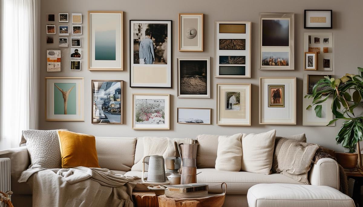 A wall in a living room featuring artwork and photos hung using poster putty, creating a visually appealing gallery display without damaging the walls.