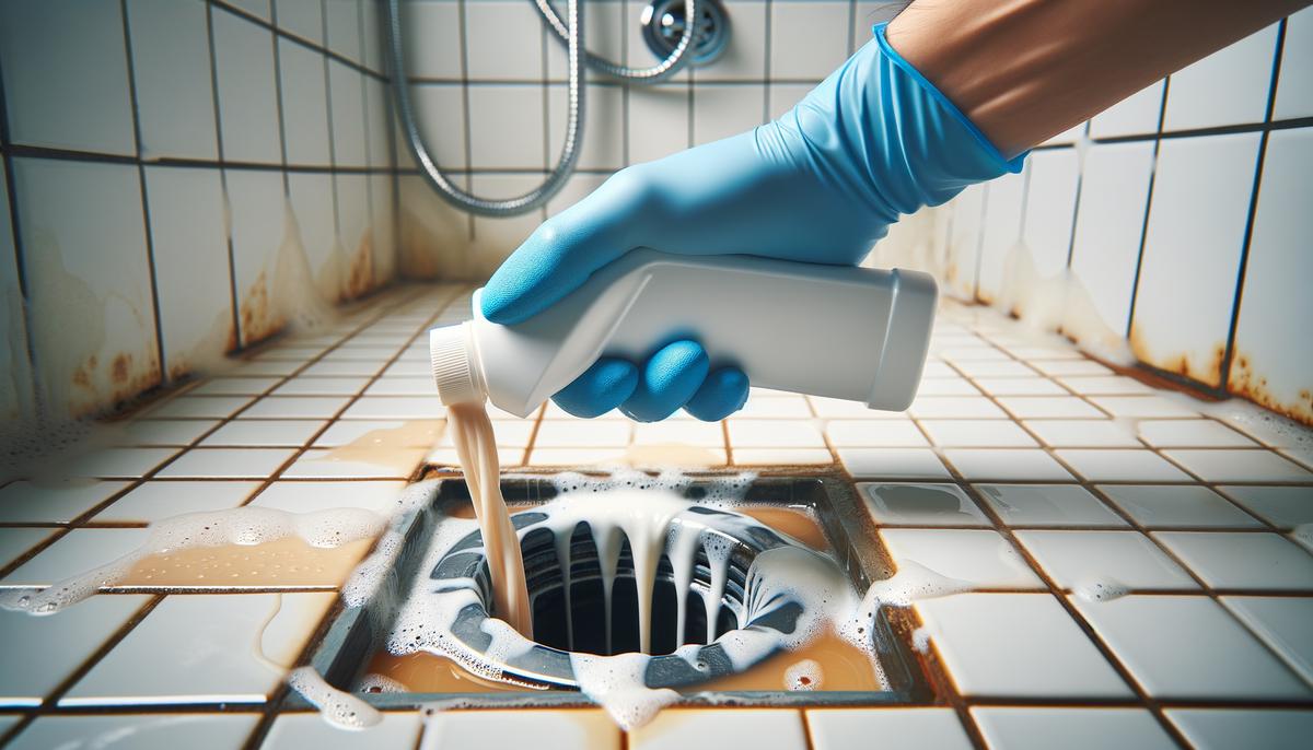 A bottle of chemical drain cleaner being carefully poured into a clogged shower drain while wearing protective gloves.