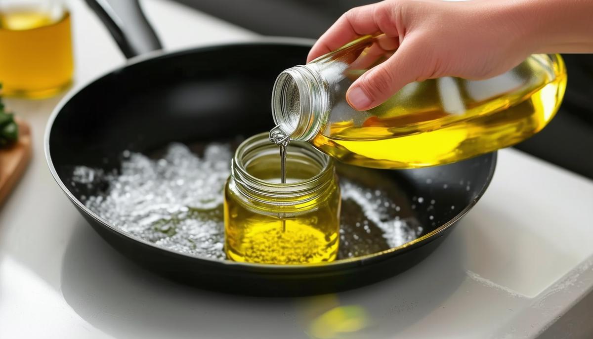 A person's hand pouring used cooking oil from a pan into a glass jar for proper disposal, instead of down the drain.