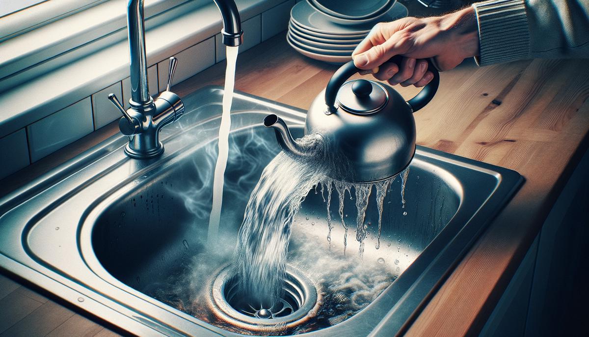 A person's hand pouring steaming hot water from a kettle down the kitchen sink drain to flush away debris.