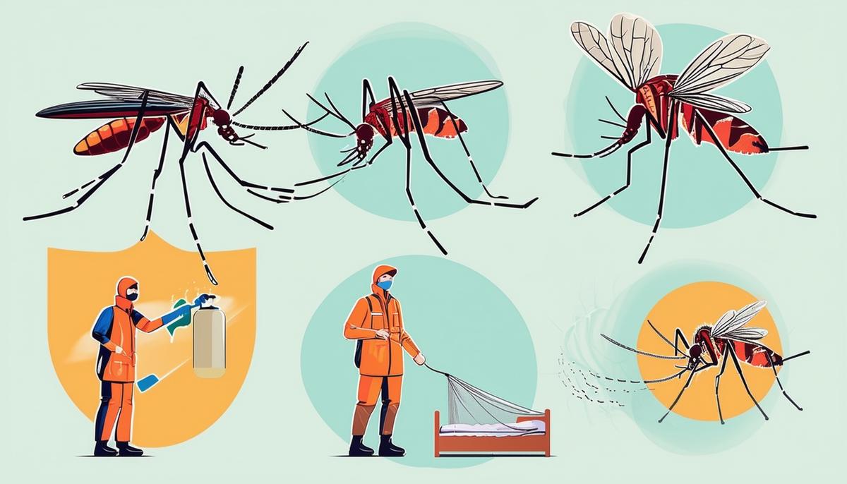 An illustration showing different methods of preventing mosquito bites, such as using insect repellent, wearing protective clothing, and using mosquito bed nets.