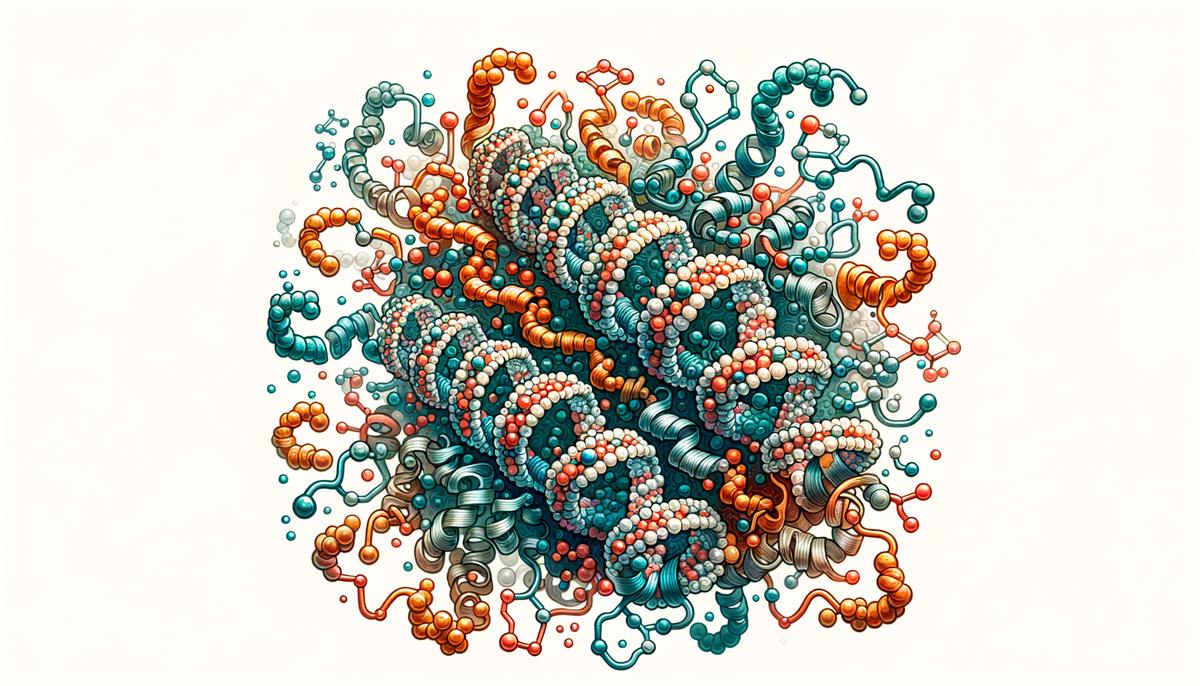 An illustrative representation of the structure of a protein molecule, showcasing its intricate arrangement of amino acids.