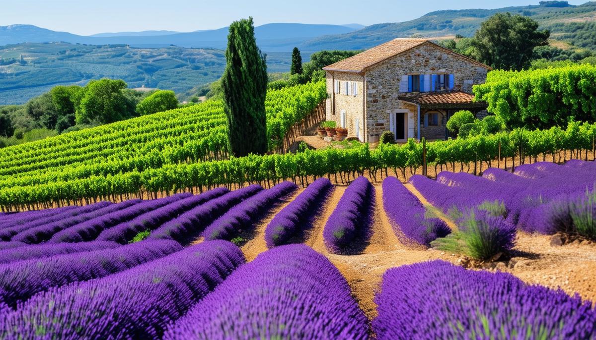 Picturesque rows of vineyards in Provence, France, with vibrant purple lavender fields in the foreground and a charming stone farmhouse in the background.