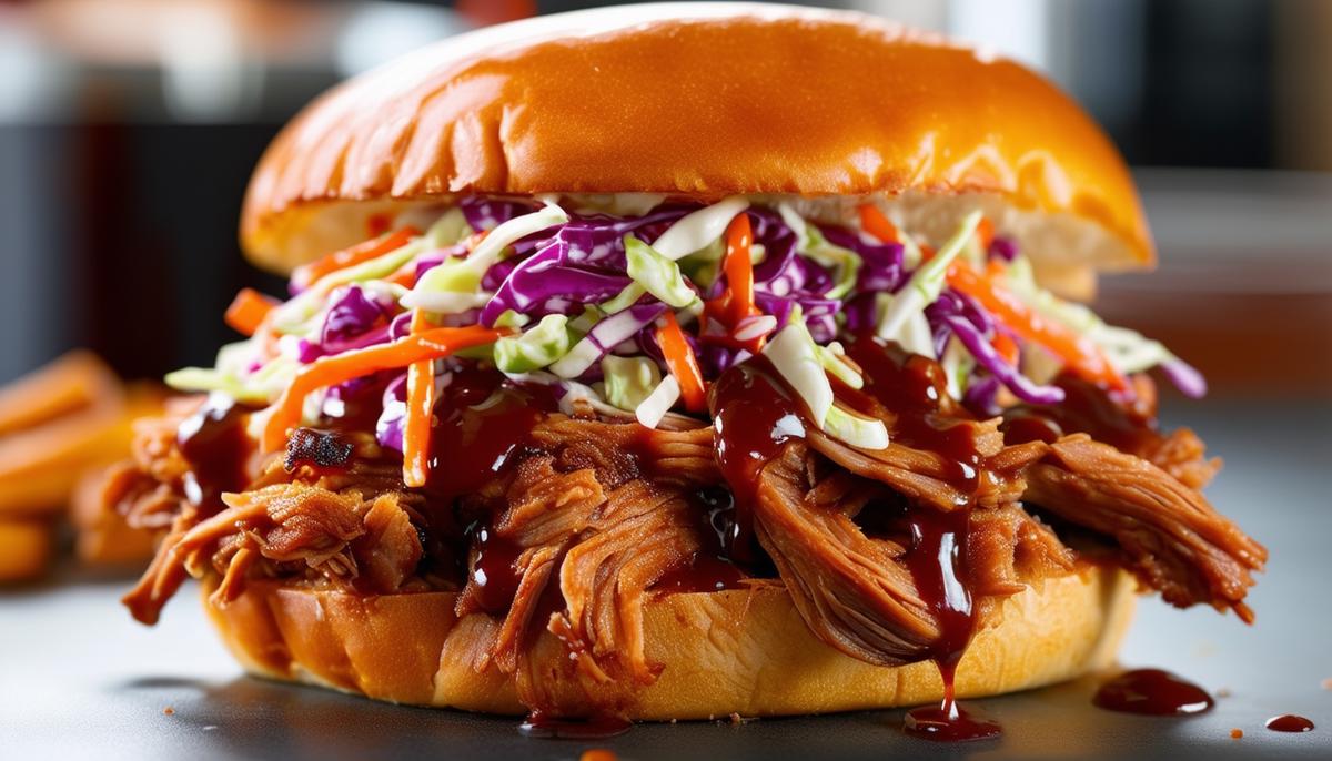 A hearty pulled pork sandwich on a soft brioche bun, topped with tangy coleslaw and drizzled with a glossy barbecue sauce.