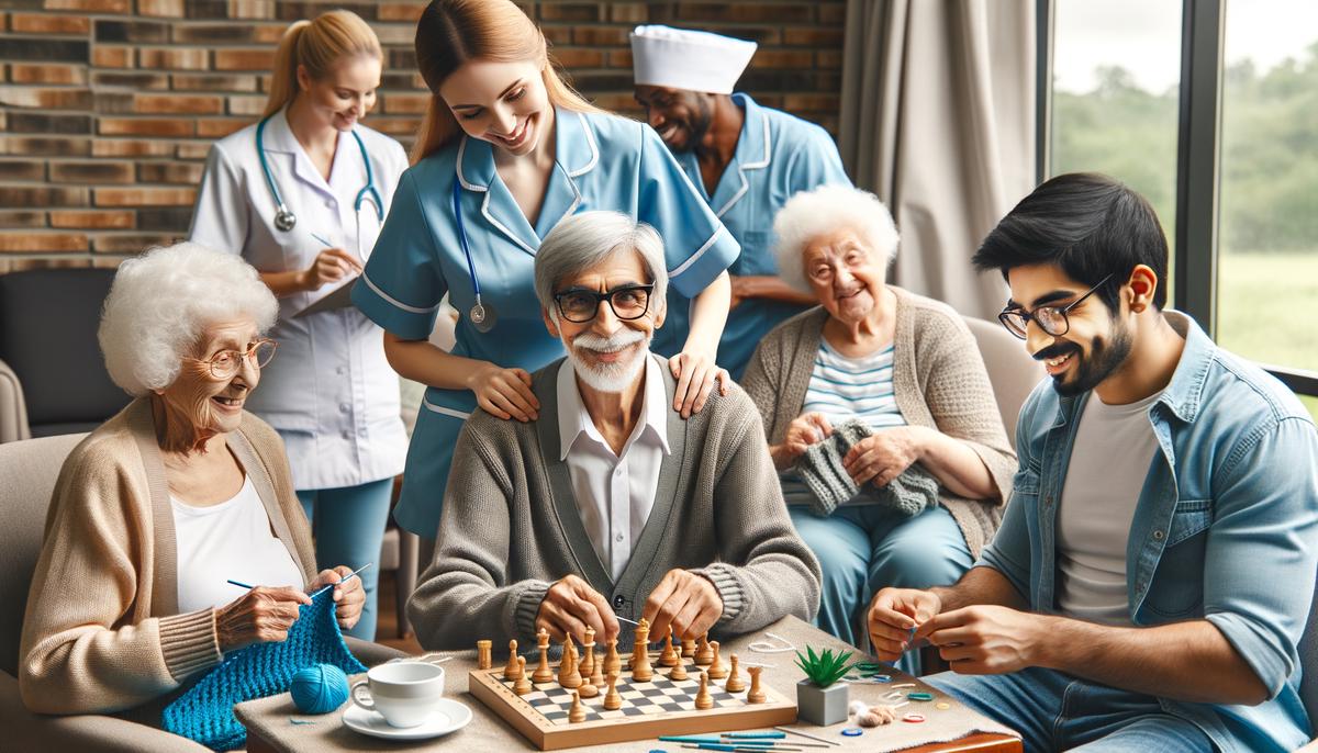 Image of a quality care in retirement setting with staff and seniors engaging in activities