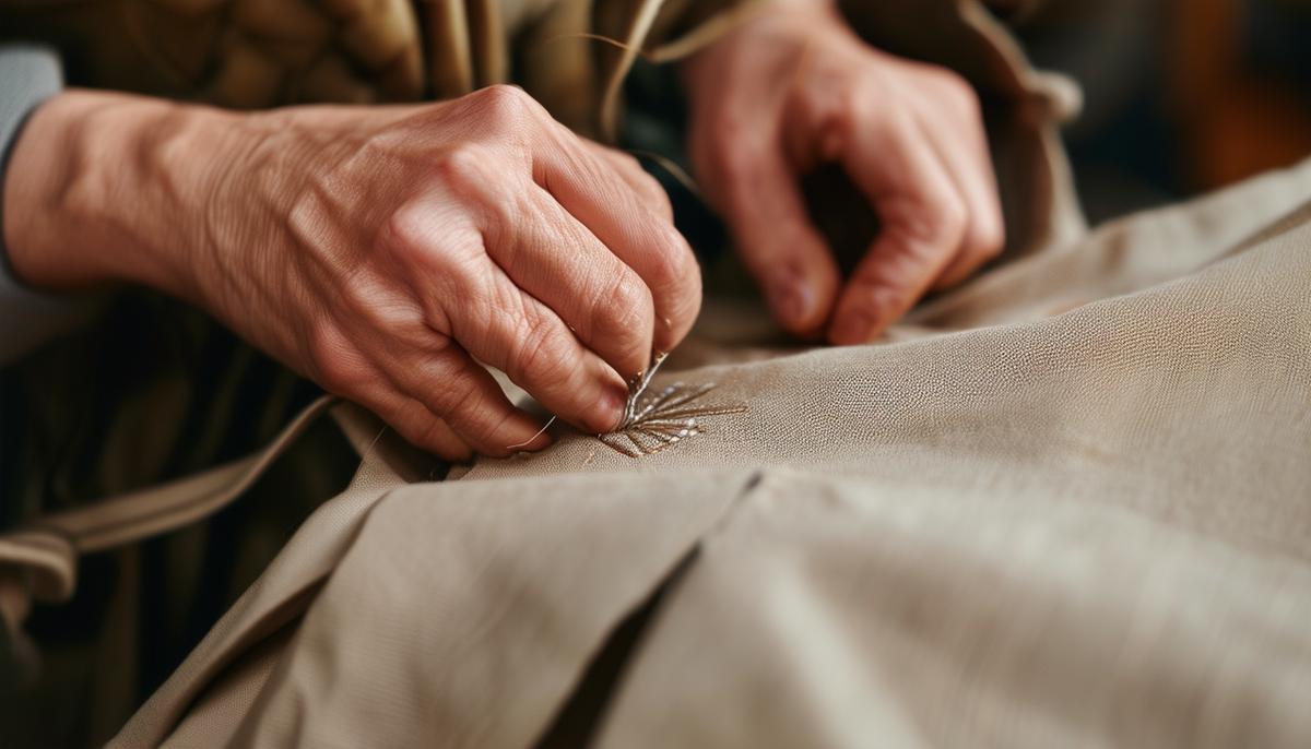 A close-up of skilled hands carefully stitching a garment made from high-quality natural fibers, showcasing the attention to detail and craftsmanship of slow fashion.