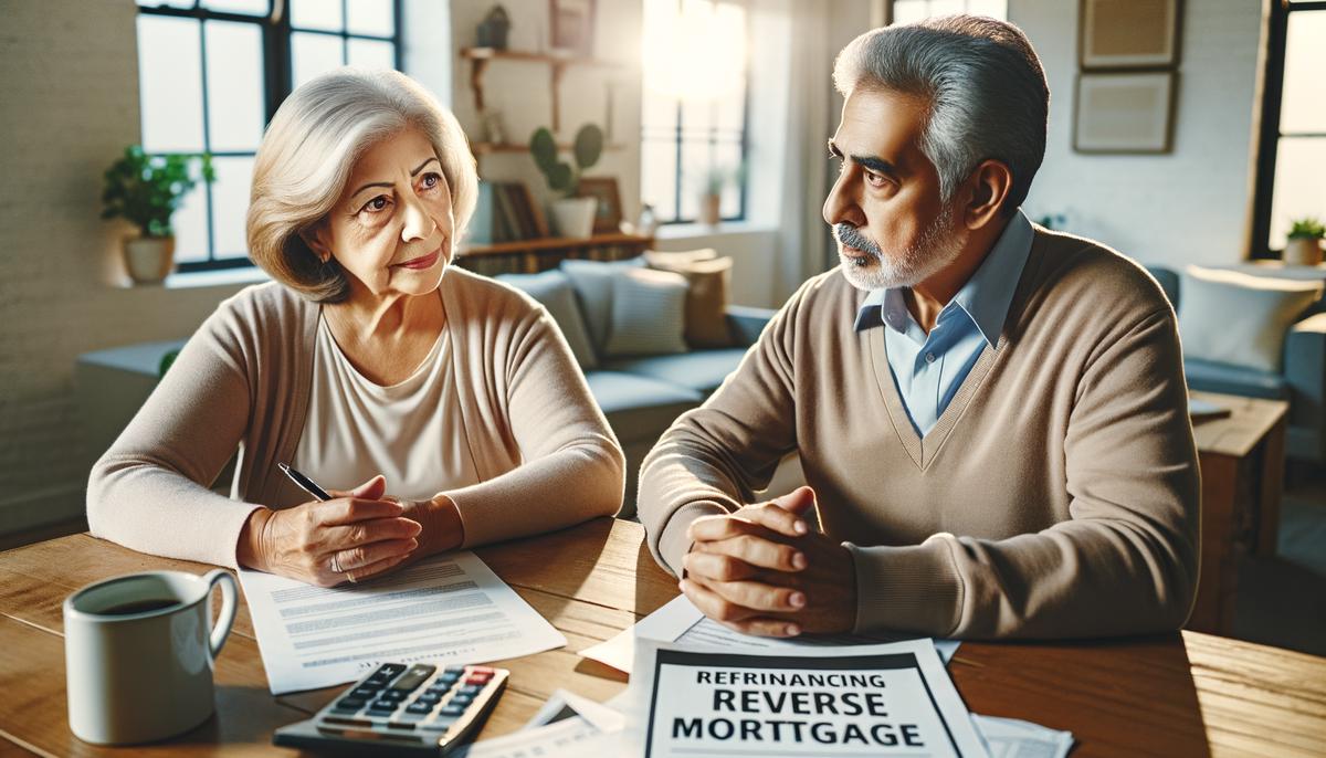 A realistic image of a senior couple discussing financial documents at a table in a well-lit room