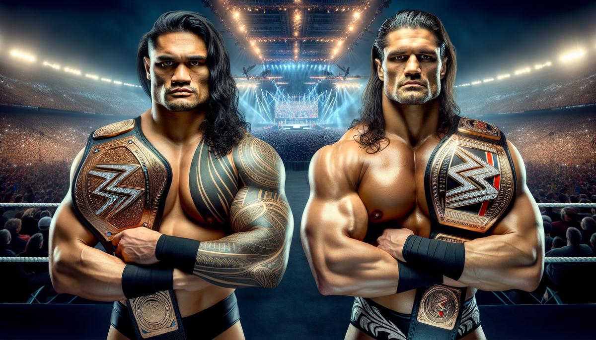 Roman Reigns and Cody Rhodes face off in the ring at WrestleMania 40, with intense expressions and championship belts held high