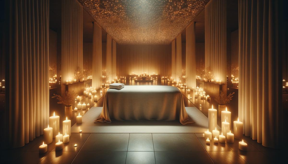 Image of a serene spa environment with candles and a massage table, creating a sense of calm and relaxation. Avoid using words, letters or labels in the image when possible.