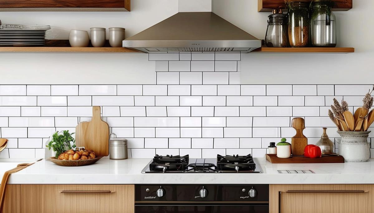 A modern kitchen backsplash adorned with removable tile stickers in a subway tile pattern, creating a fresh and stylish look while protecting the surface underneath from permanent alterations.