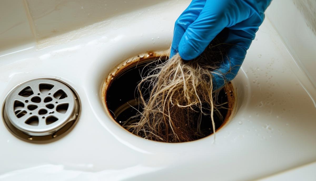 A gloved hand pulling out a tangled clump of hair and debris from a shower drain, with the drain cover removed and placed to the side.