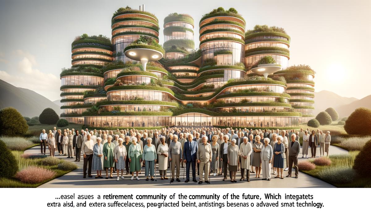 Image of a futuristic retirement community with green living facilities and smart technology for visually impaired