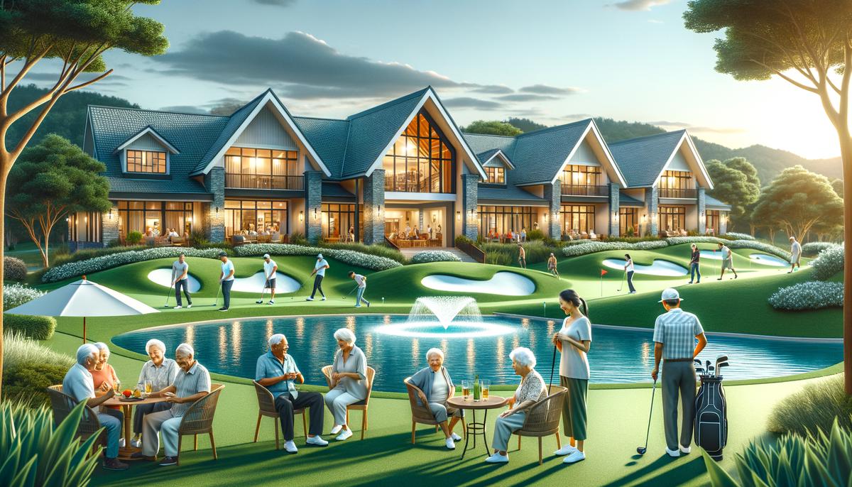 An image of a vibrant retirement community with amenities like golf courses, swimming pools, and clubhouses