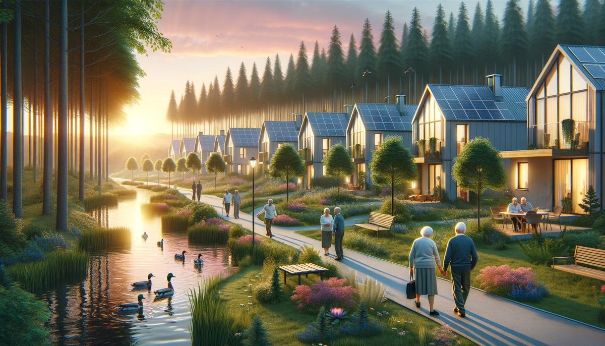 A peaceful image of a retirement community surrounded by nature