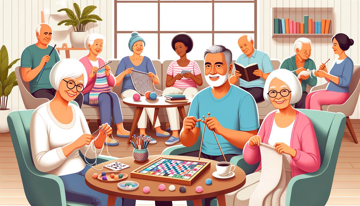 Illustration of a diverse group of seniors engaging in social activities at a retirement community