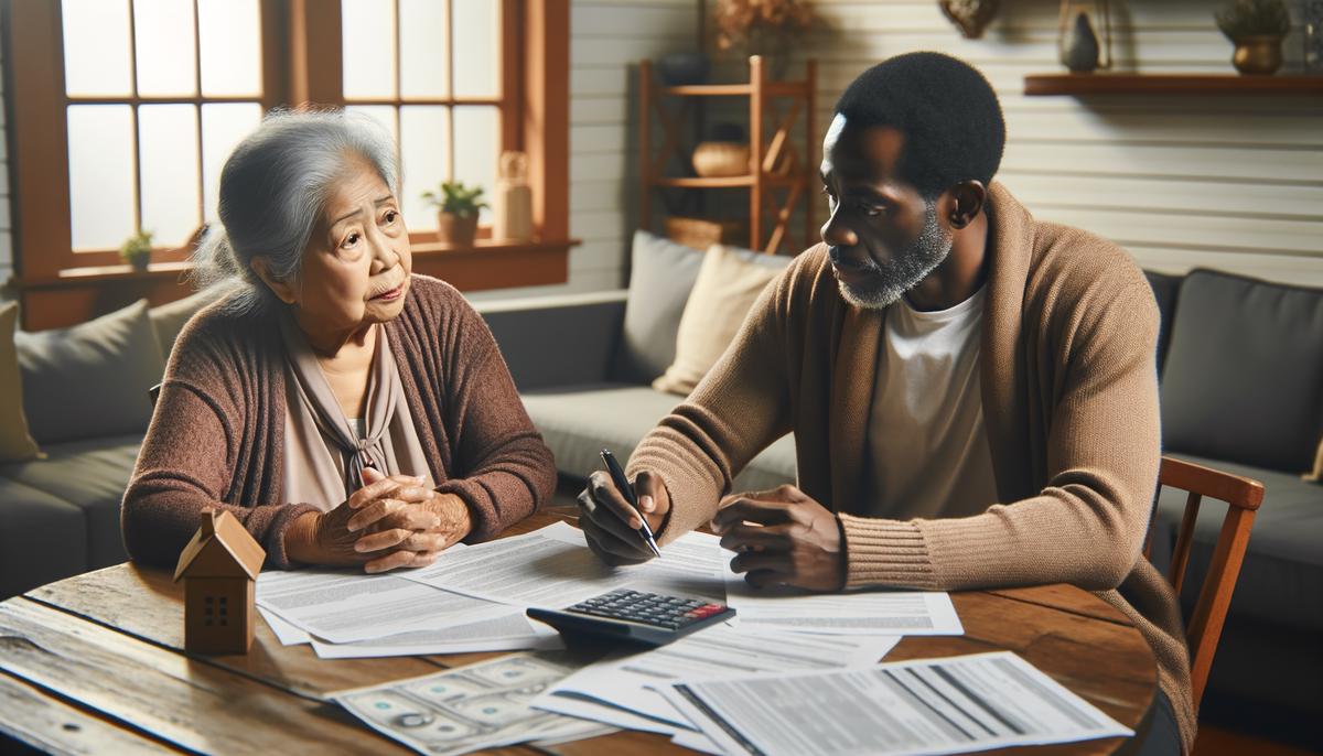 A senior couple discussing refinancing options for their reverse mortgage