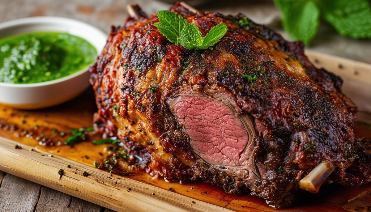 A perfectly roasted leg of lamb, blistered and crispy on the outside, with tender, juicy meat inside, served with a side of vibrant green mint sauce.