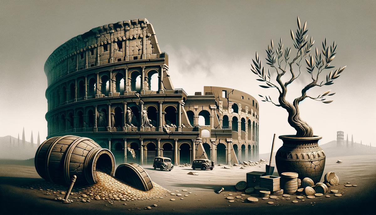 An illustration depicting the economic decline of the Roman Empire, with a crumbling colosseum, empty coffers, and a withered olive branch symbolizing lost prosperity