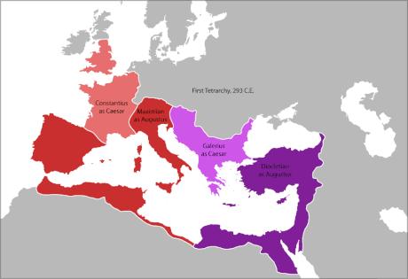 A map of the Roman Empire divided into four regions under the Tetrarchy system, with each region labeled with its respective ruler