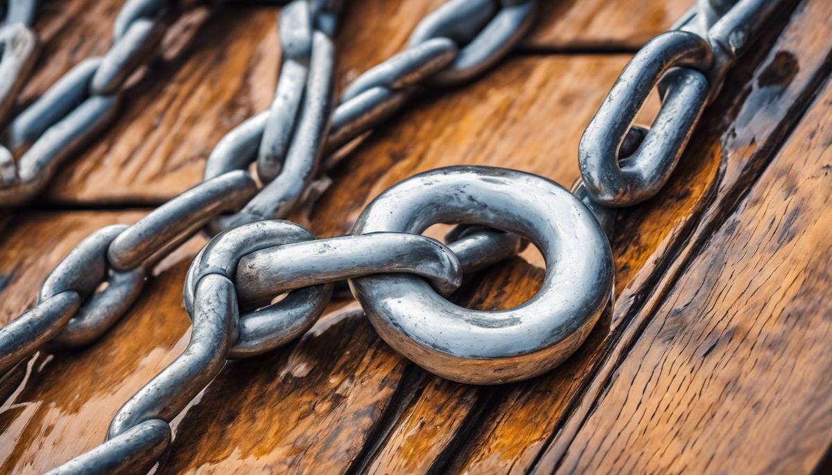 Close up view of a shiny galvanized anchor chain sitting coiled on the wooden deck of a sailboat