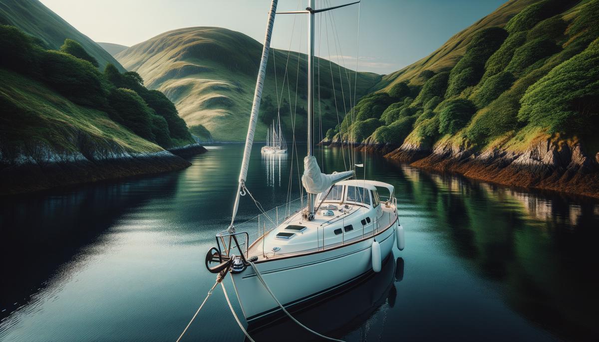 A sailboat anchored in a calm, protected bay with its anchor rode stretched out