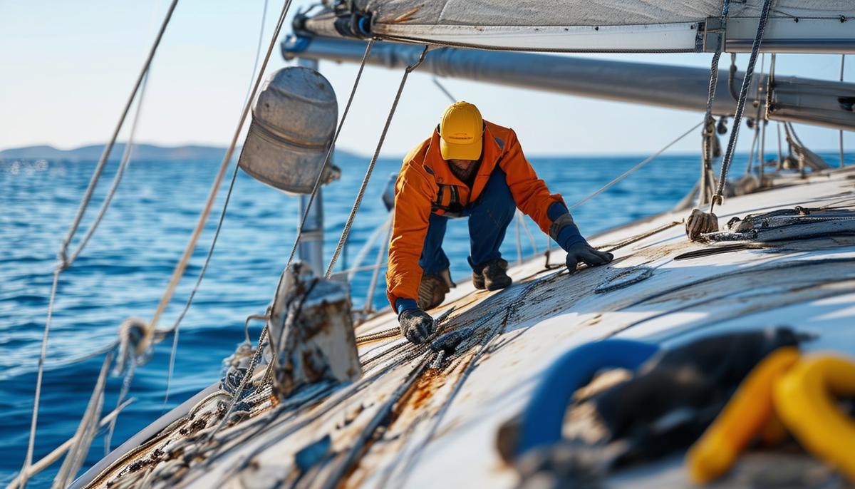 A scene depicting the maintenance work required on a sailboat, with focus on tasks such as inspecting the hull for corrosion or damage, applying antifoul treatments, or repairing minor issues, emphasizing the importance of regular upkeep for both aluminium and fibreglass boats.