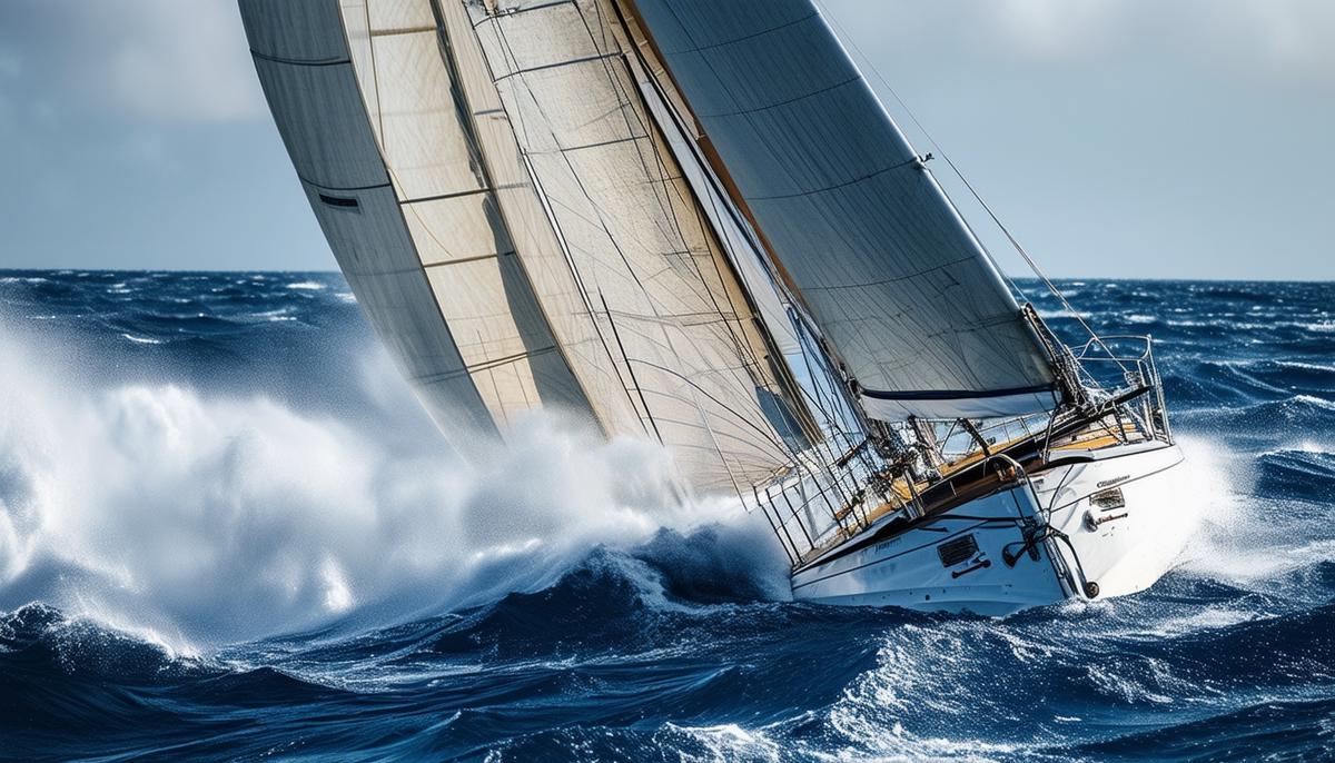 A sailboat navigating through rough, stormy seas, with high waves and strong winds, showcasing the importance of a boat's material and keel type in handling challenging offshore conditions.