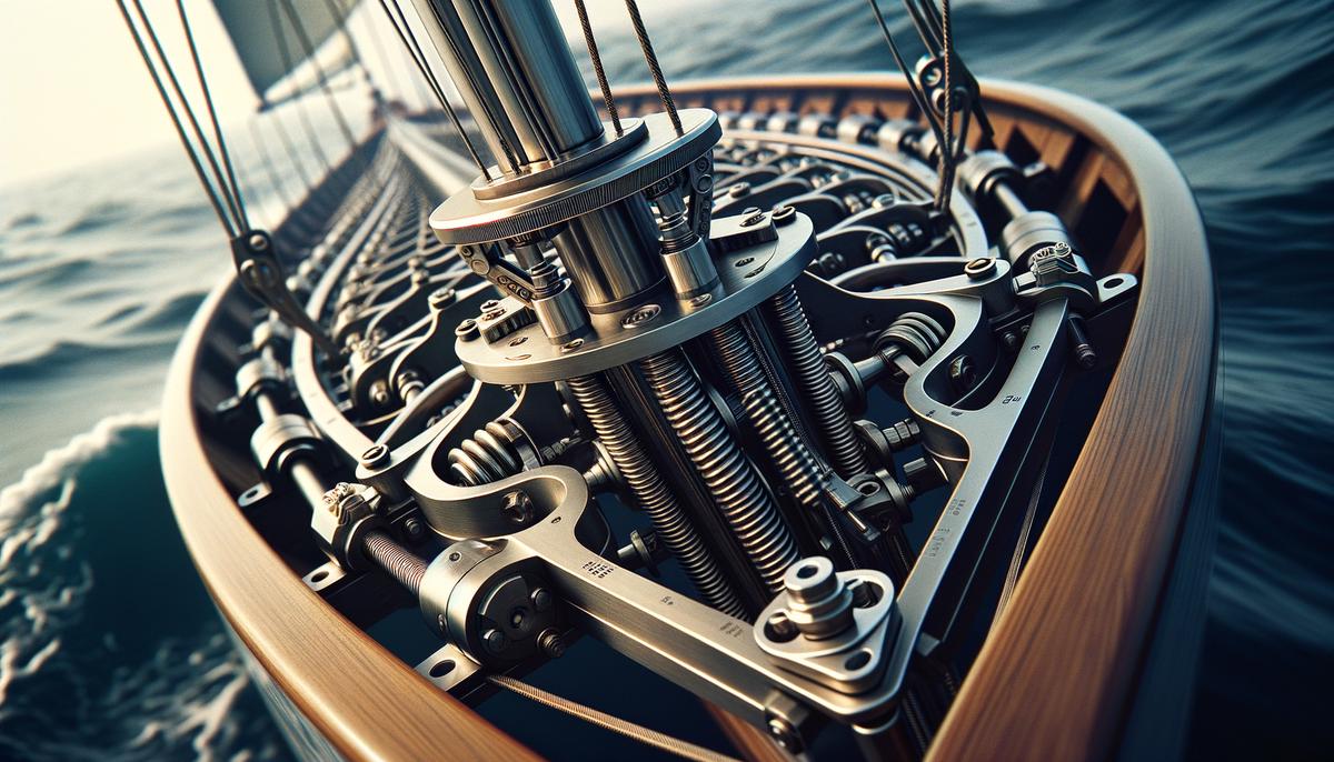 A detailed view of a sailboat's swing keel mechanism, showcasing the intricate design and moving parts that allow the keel to pivot up and down, providing versatility in shallow waters.